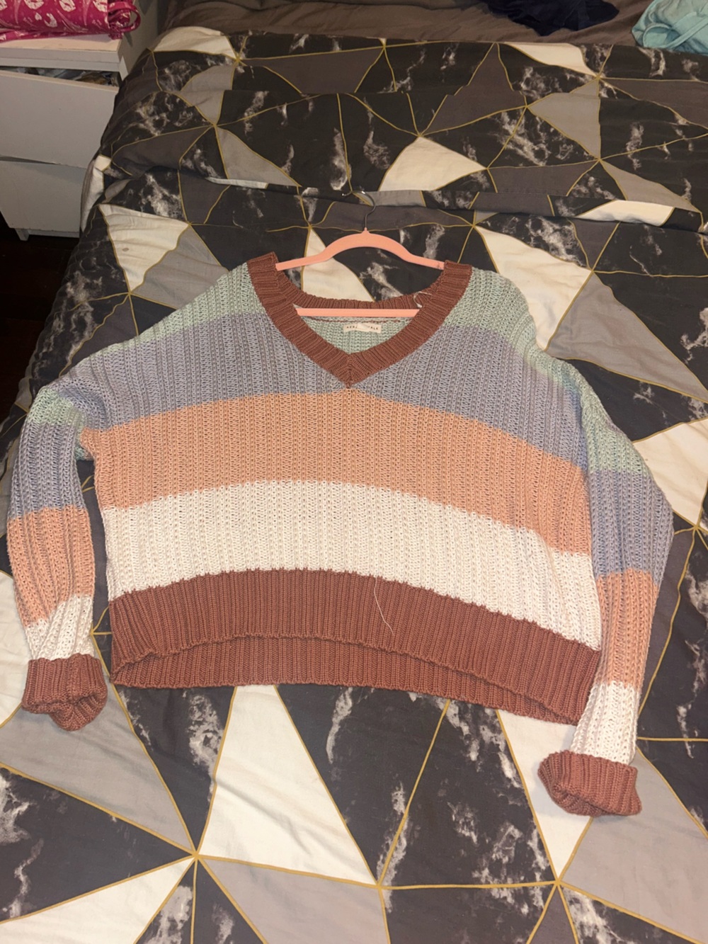 Aeropostale Striped V-Neck Sweater in Rust, Cream, Blush, Sage, and Dusty Blue